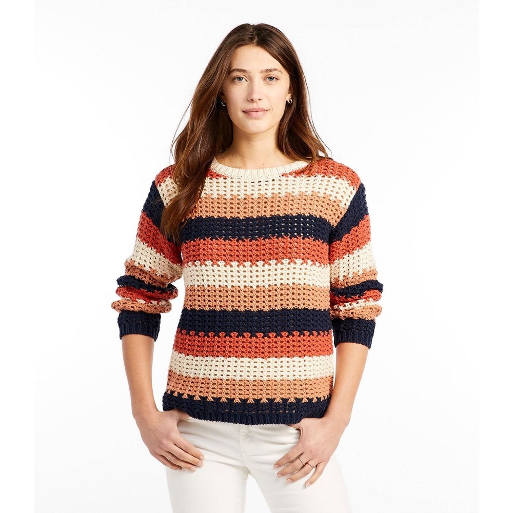 Striped Crochet Knit Sweater in Navy, Rust & Cream
